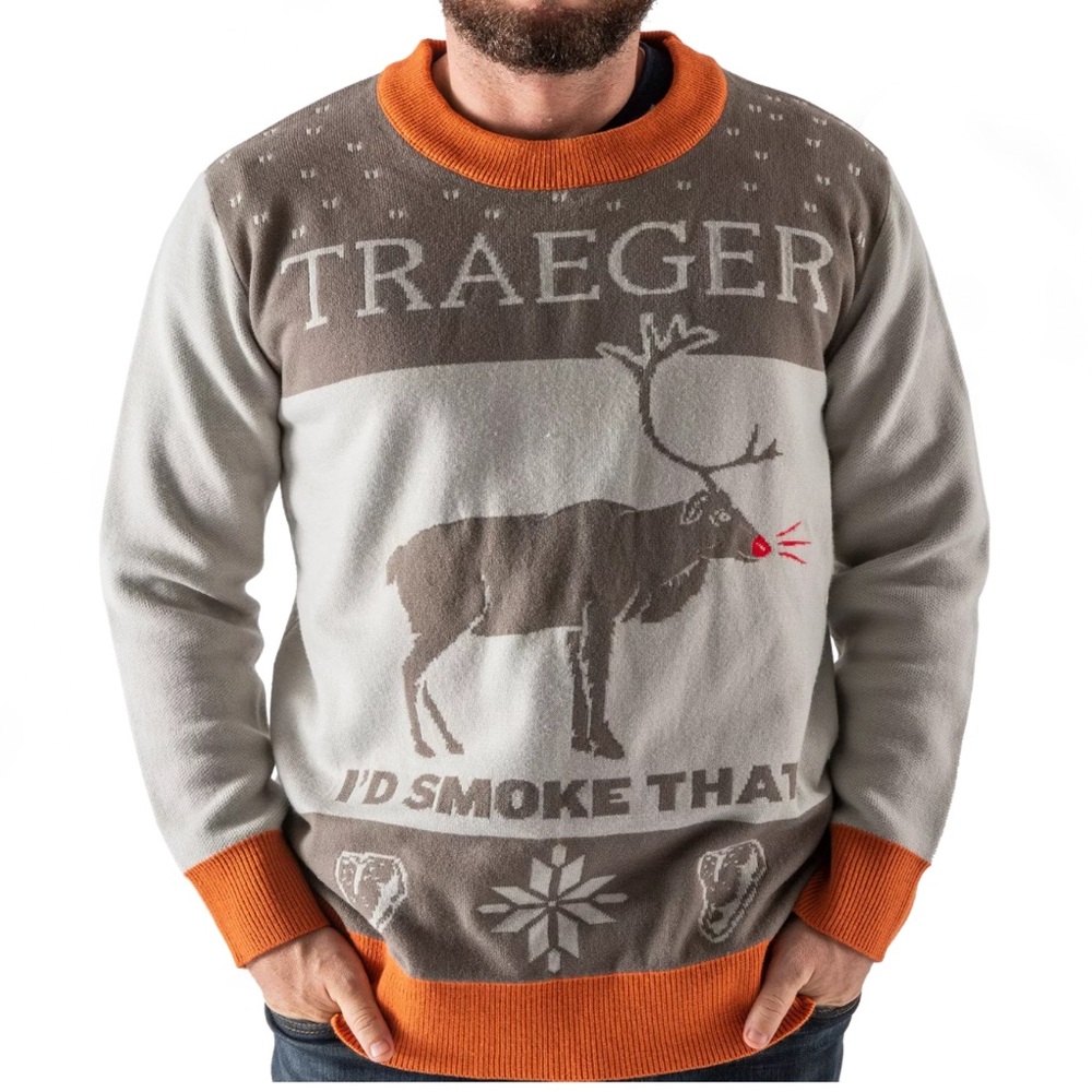 Traeger’s Limited Edition Holiday Sweater Gray Orange Ugly Christmas NWT-Large